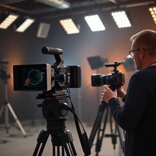 Equipo de cámara profesional en un estudio de filmación, simbolizando la producción audiovisual